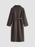 Long women's coat with belt and wide notched collar, dark brown, long sleeves