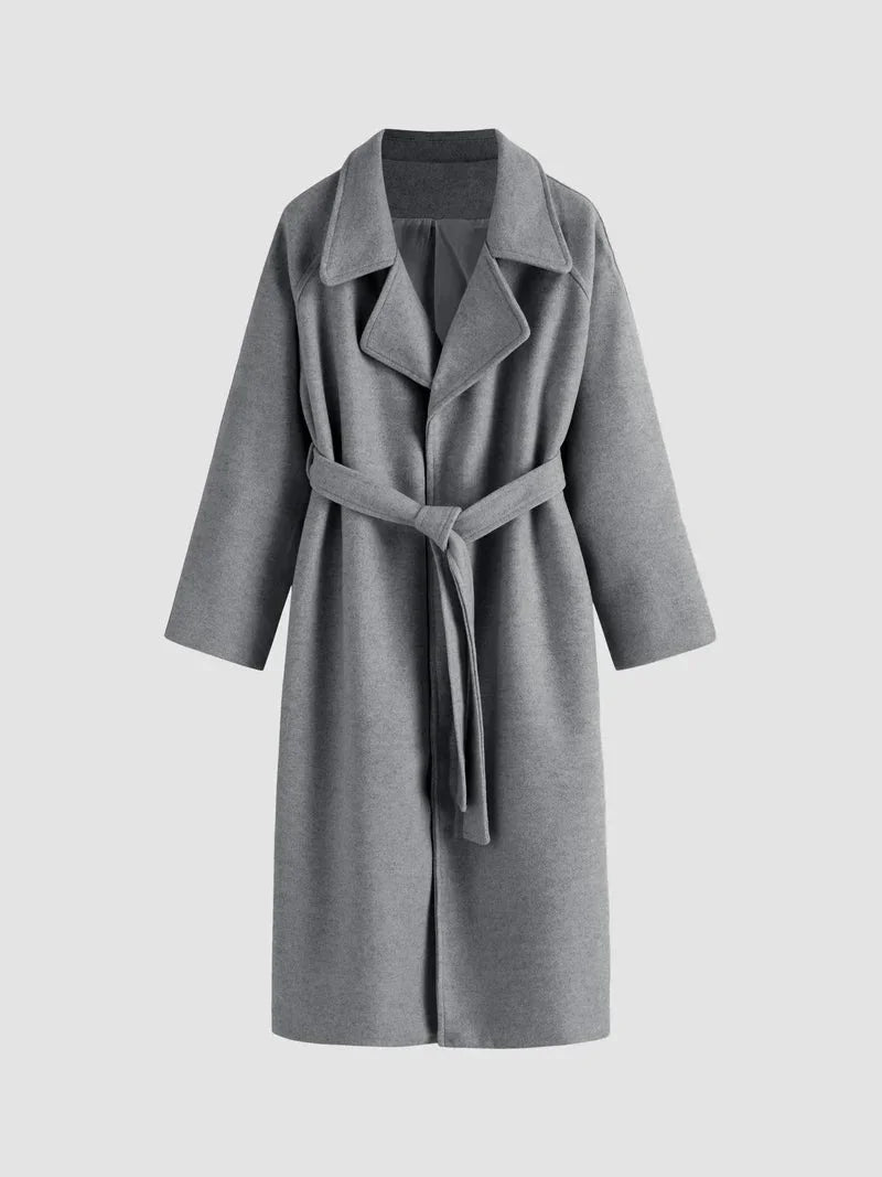 Long women's coat with belt tie and wide notched collar, dark gray