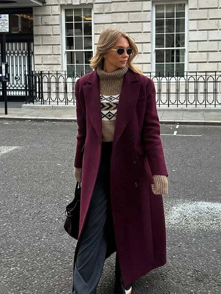 Burgundy long double-breasted coat with notched collar and double-button front