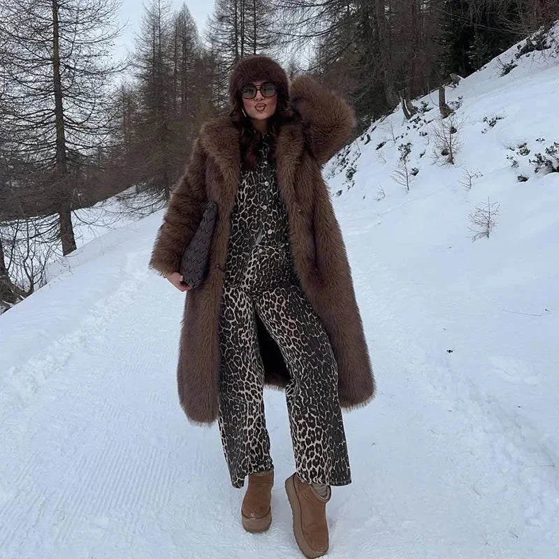 Women’s long faux fur coat, light brown, full-length fluffy texture