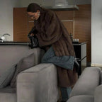 Women’s long faux fur coat, dark brown, wide sleeves and hooded collar