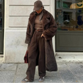 Women’s long faux fur coat, dark brown, wide cuffs and relaxed fit