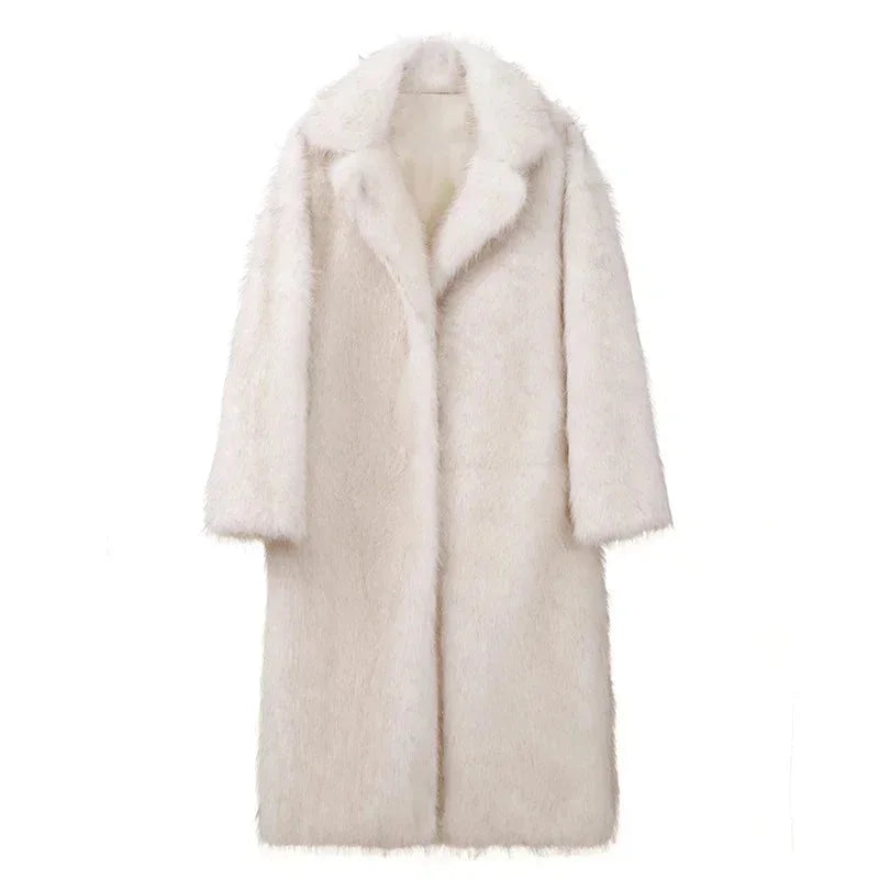 Women’s long faux fur coat, white, soft fuzzy finish and open lapel front