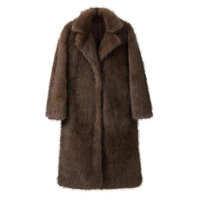 Women’s long faux fur coat in medium brown, open front with lapel collar