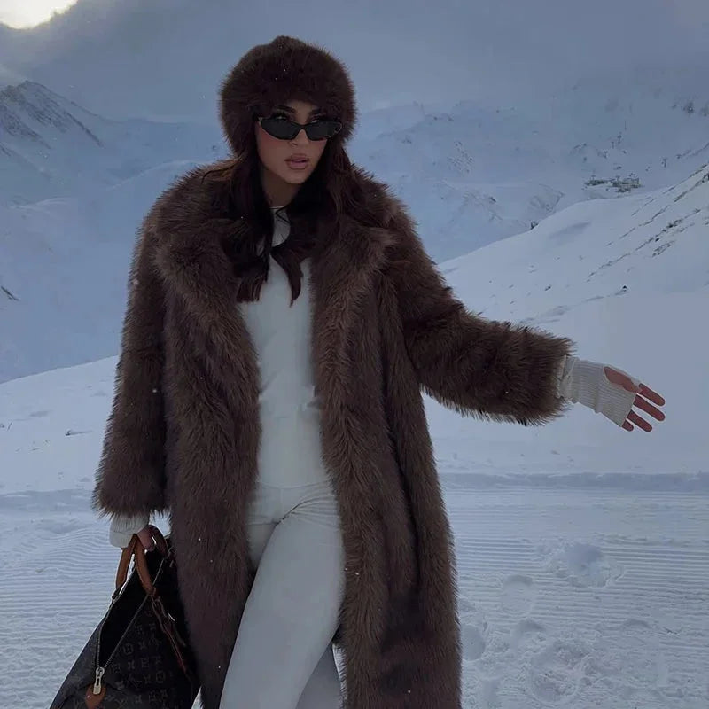 Women’s long faux fur coat, dark brown, hood and large plush collar
