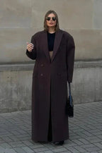 Long women's dark brown double-breasted coat with notched lapels