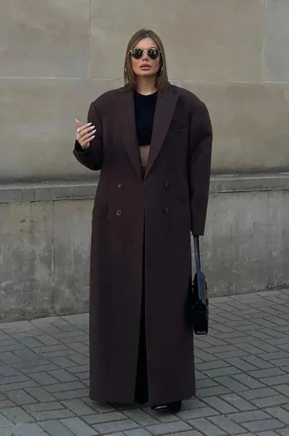 Long women's dark brown double-breasted coat with notched lapels