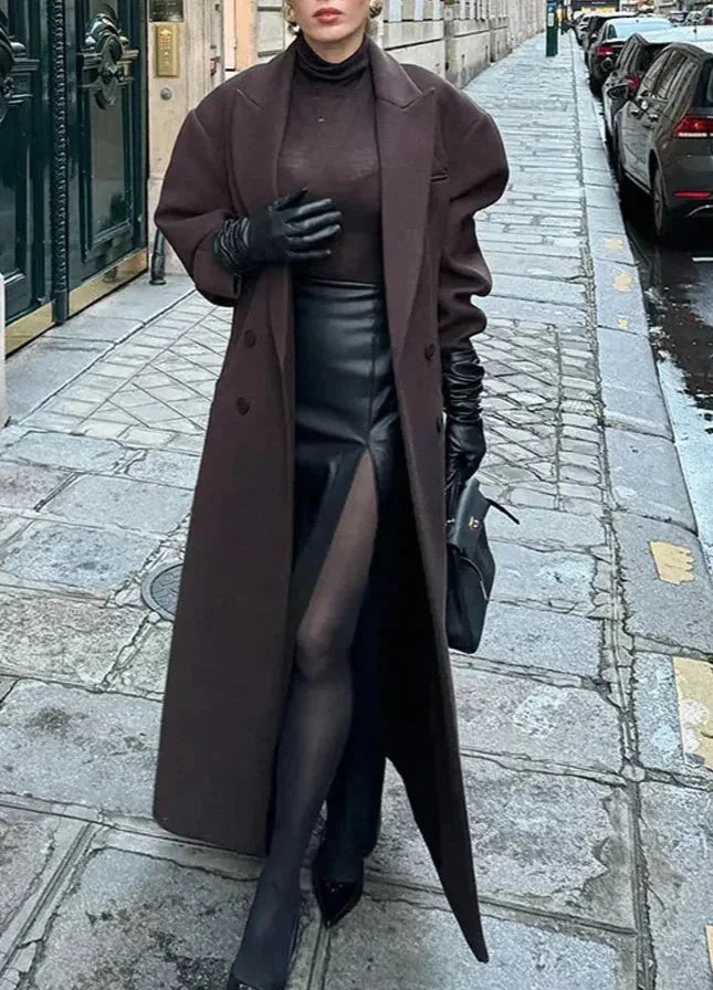 Long women's dark brown oversized coat with button front and belt
