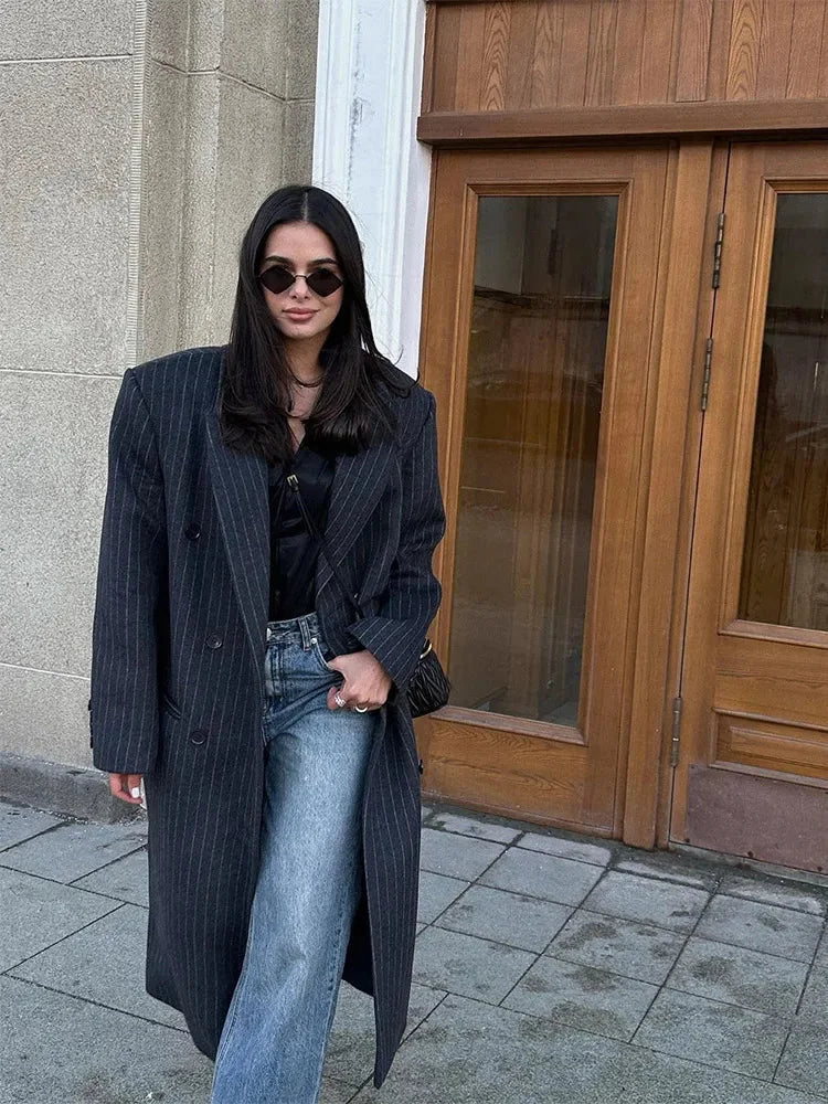 Dark gray long women’s striped coat with notch collar and button-front