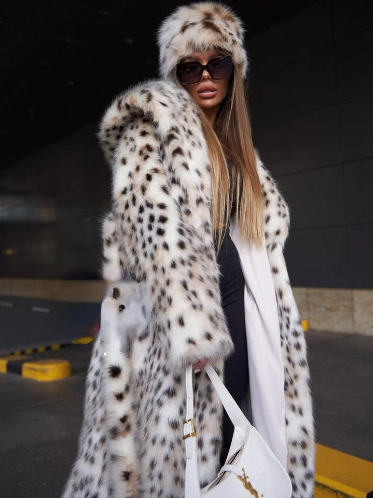 Long leopard-print faux fur hooded coat with open front, white and dark spots