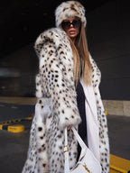 Long leopard-print faux fur hooded coat with belt, white and dark spot pattern