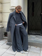 Women’s long double-breasted coat, dark gray, notched lapels and front buttons