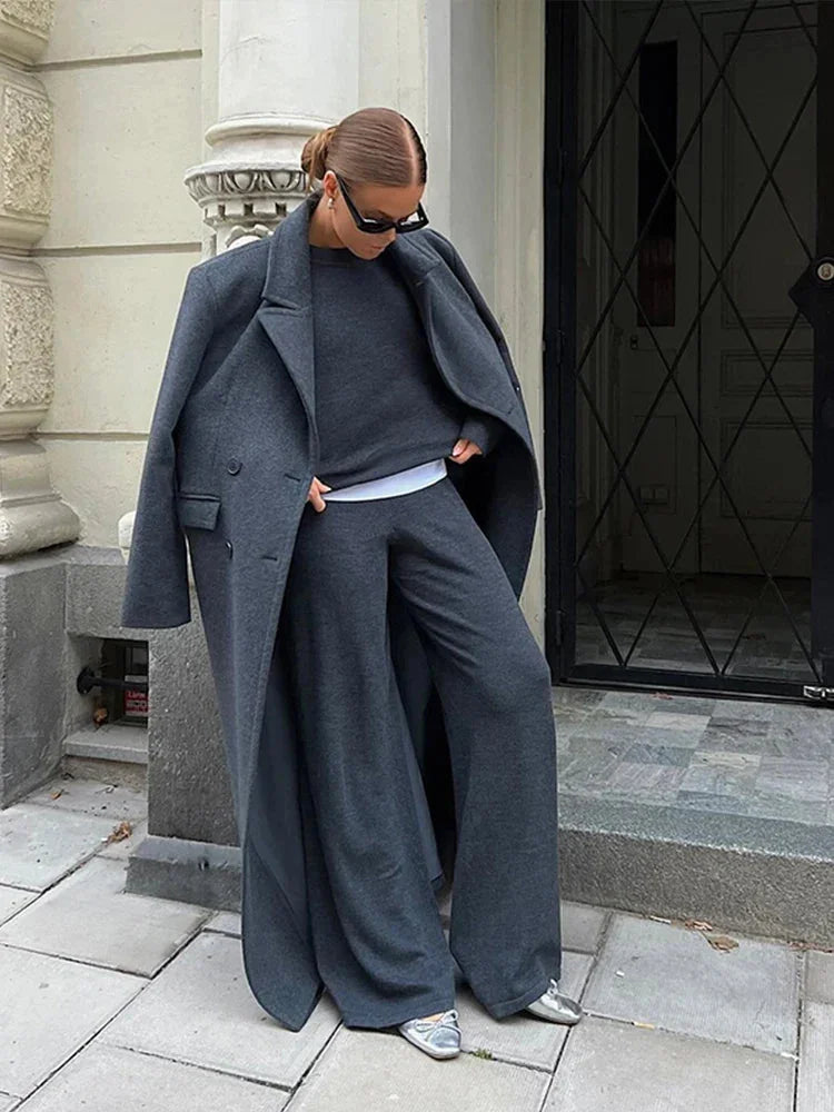 Women’s long double-breasted coat, dark gray, notched lapels and front buttons