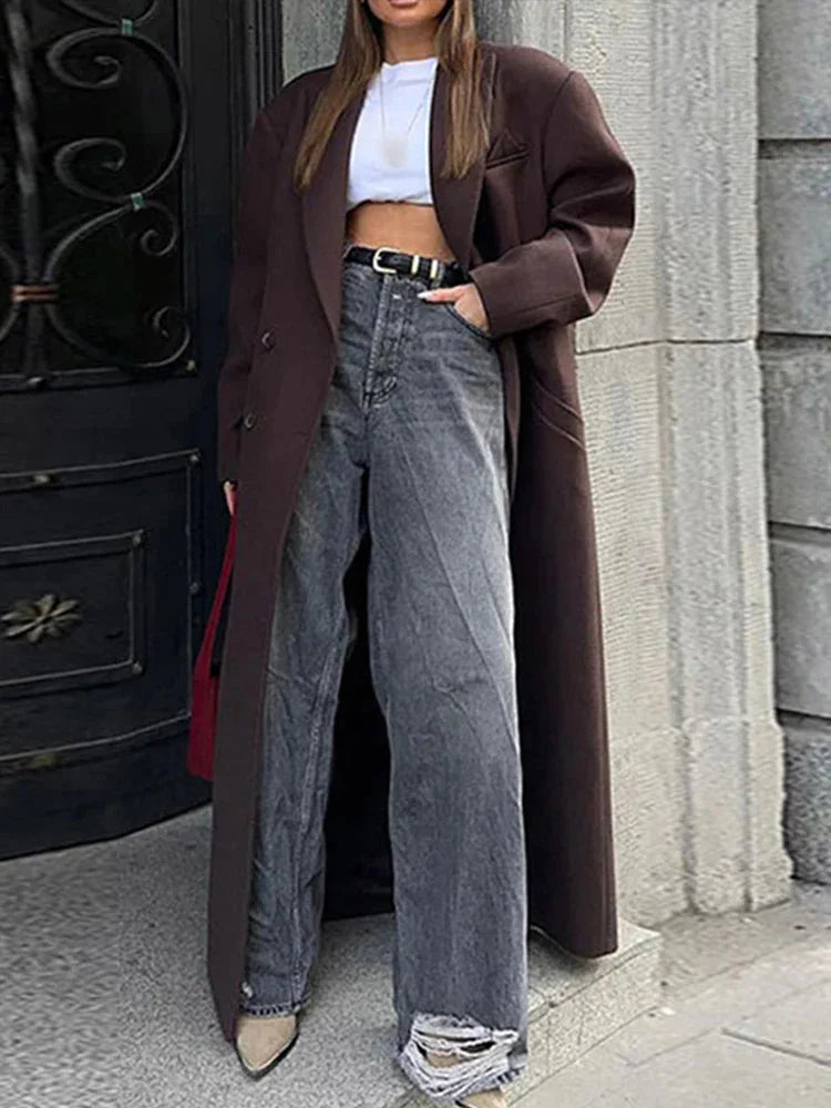 Women’s long burgundy coat with open front, lapels, and long sleeves