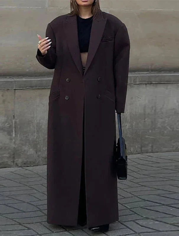 Women’s long dark maroon coat with double-breasted front and wide lapels