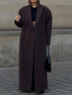 Women’s long dark maroon coat with double-breasted front and wide lapels