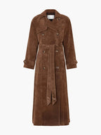 Brown womens trench coat with lapels, double-breasted buttons, and tie belt