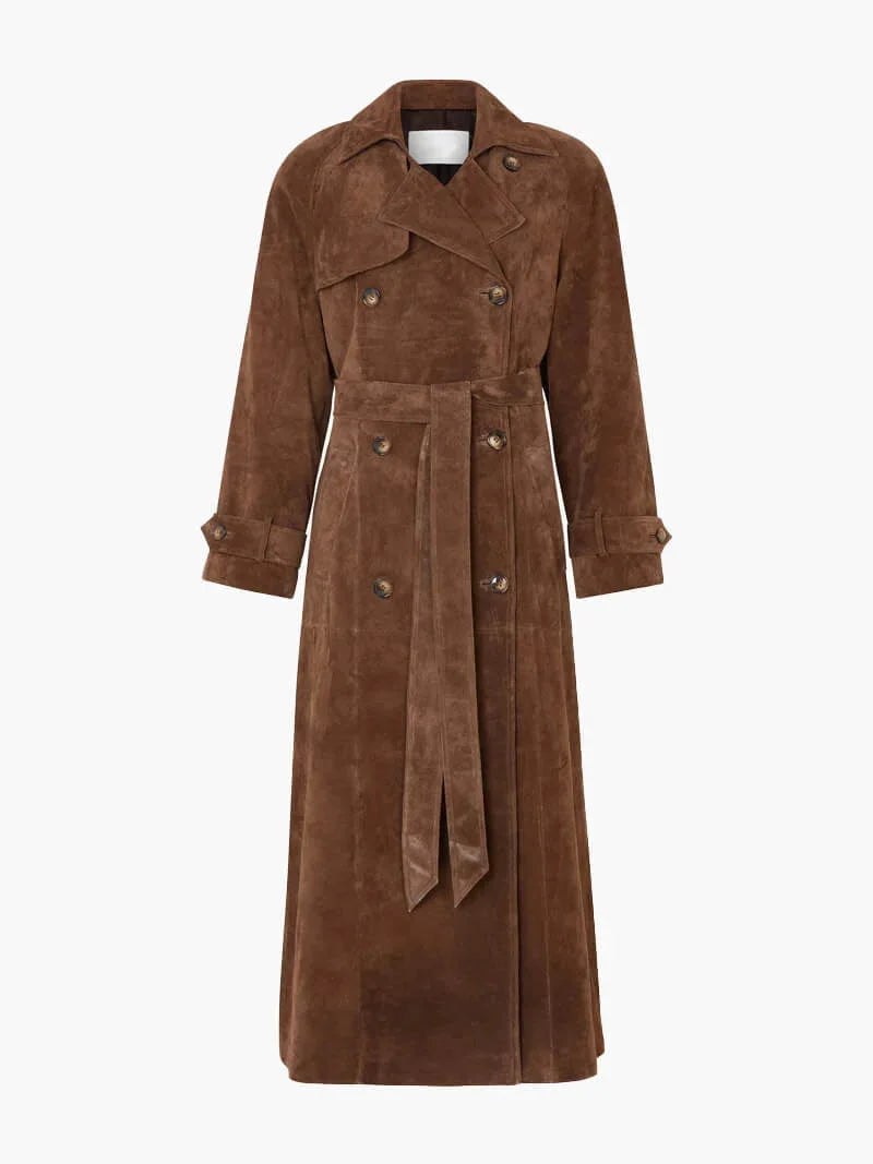 Brown womens trench coat with lapels, double-breasted buttons, and tie belt