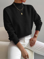 Black women’s crew-neck sweater with ribbed cuffs and hem