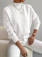 White women’s crew-neck sweater with ribbed cuffs and hem