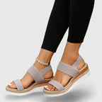 Women's arch support sandals, gray woven straps and cushioned platform sole