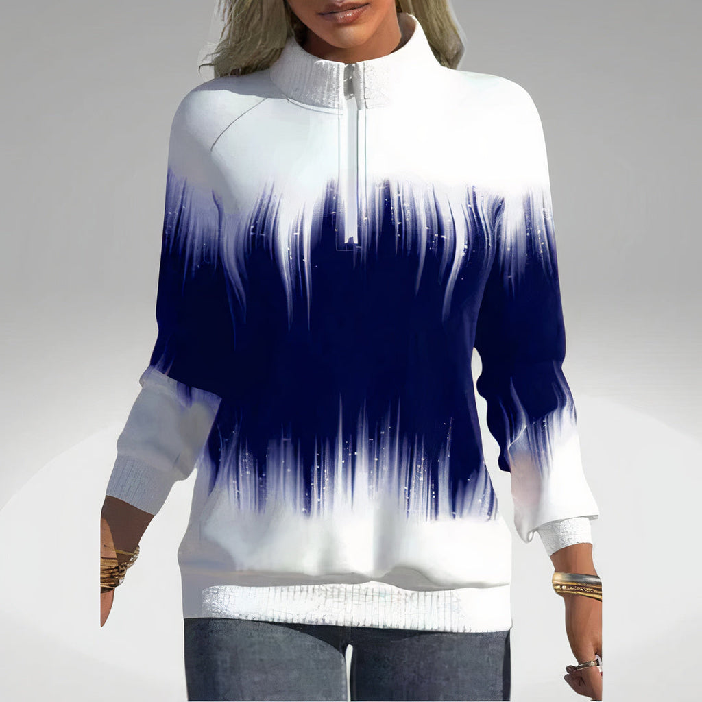 Women's zip-collar sweatshirt, dark blue with white abstract drip print