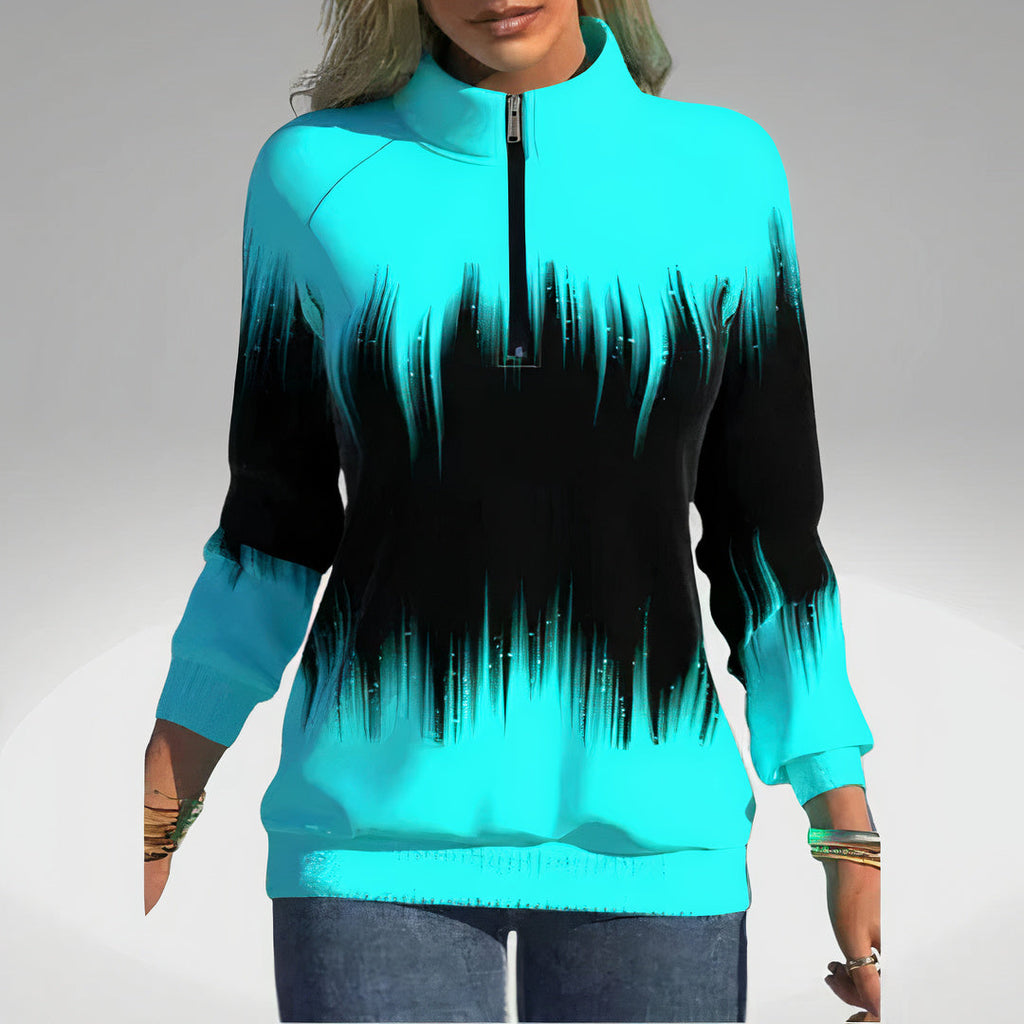 Women's zip-collar sweatshirt, turquoise with black abstract drip print
