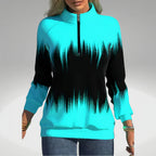 Women's zip-collar sweatshirt, turquoise with black abstract drip print