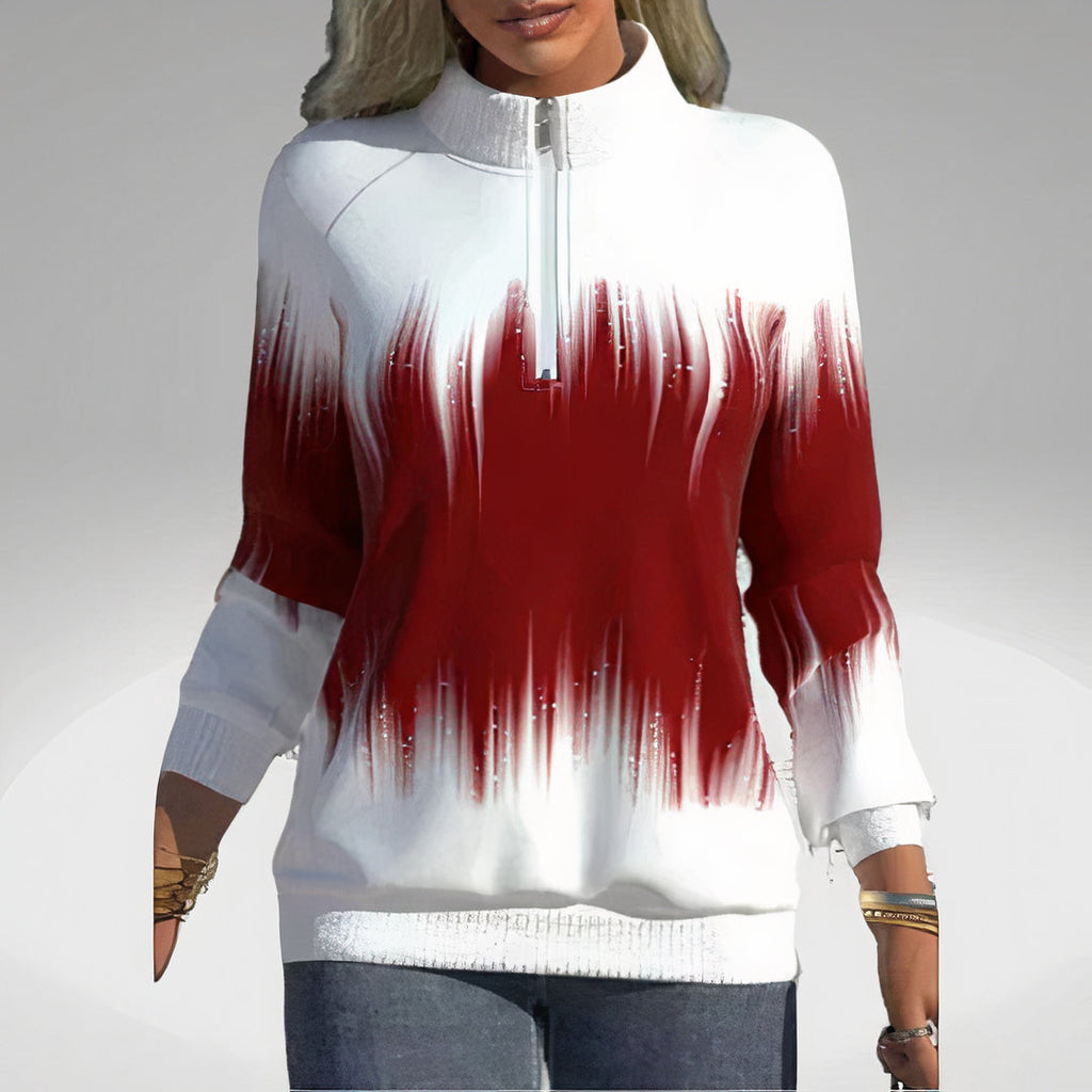 Women's zip-collar sweatshirt, red with white abstract drip print