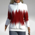 Women's zip-collar sweatshirt, red with white abstract drip print