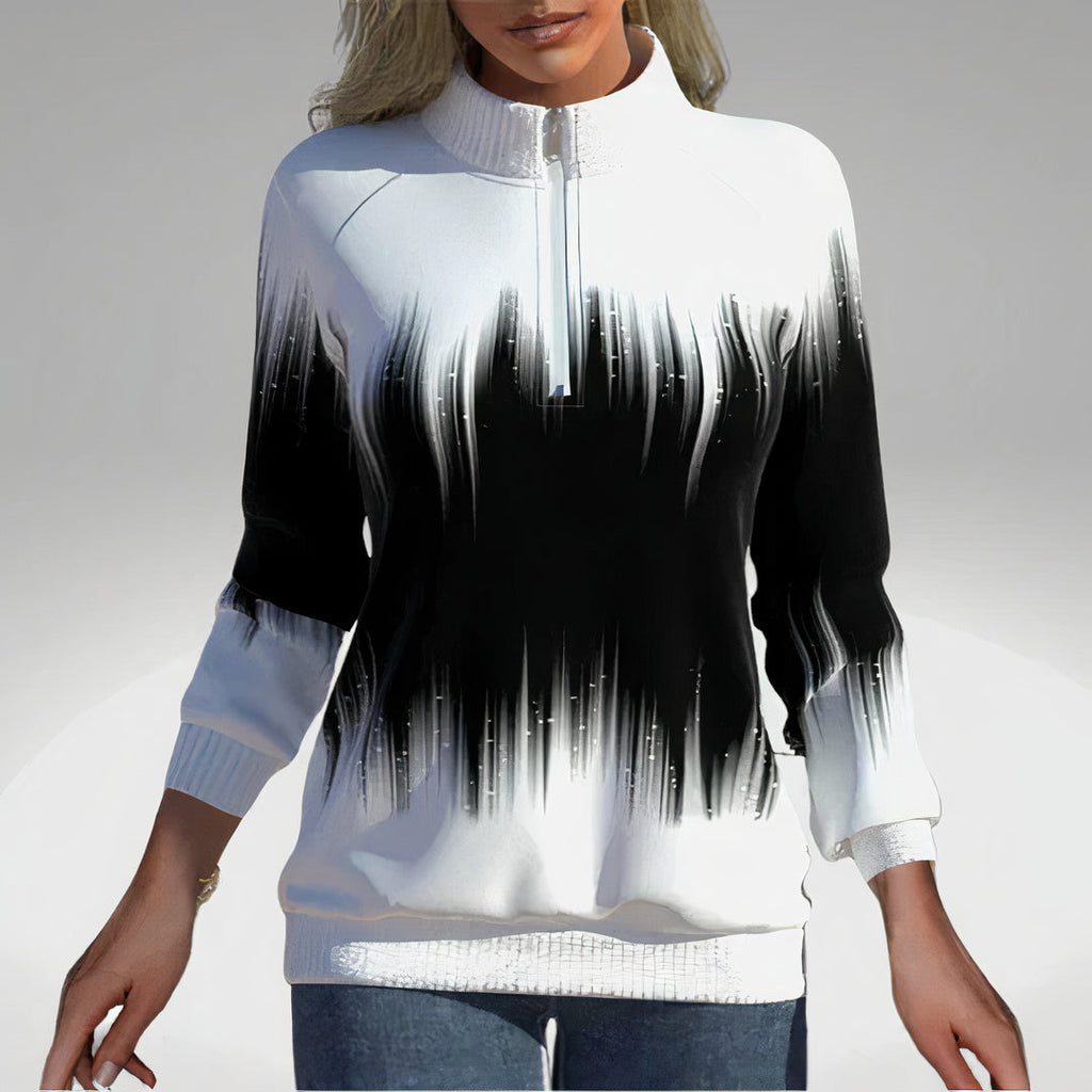 Women's zip-collar sweatshirt, black with white abstract drip print