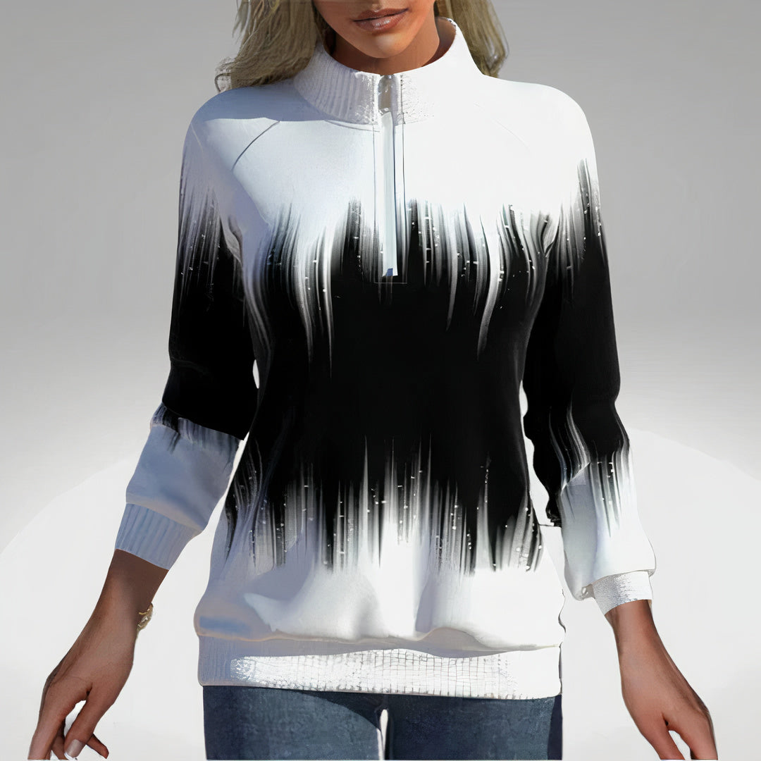 Women's zip-collar sweatshirt, black with white abstract drip print