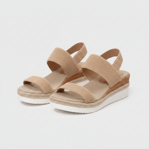 Beige platform sandals with elastic straps and cork-look midsole, wide band