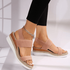 Nude/pink platform sandals with textured elastic straps, open toe, chain ankle detail
