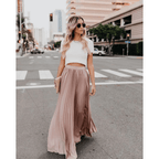 Dusty pink pleated maxi skirt with elastic waistband and flowing A-line drape