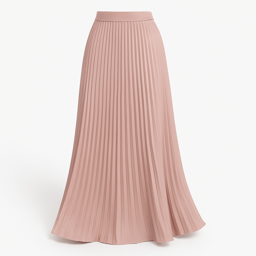 Pink pleated maxi skirt with an elastic waistband and flowing A-line shape