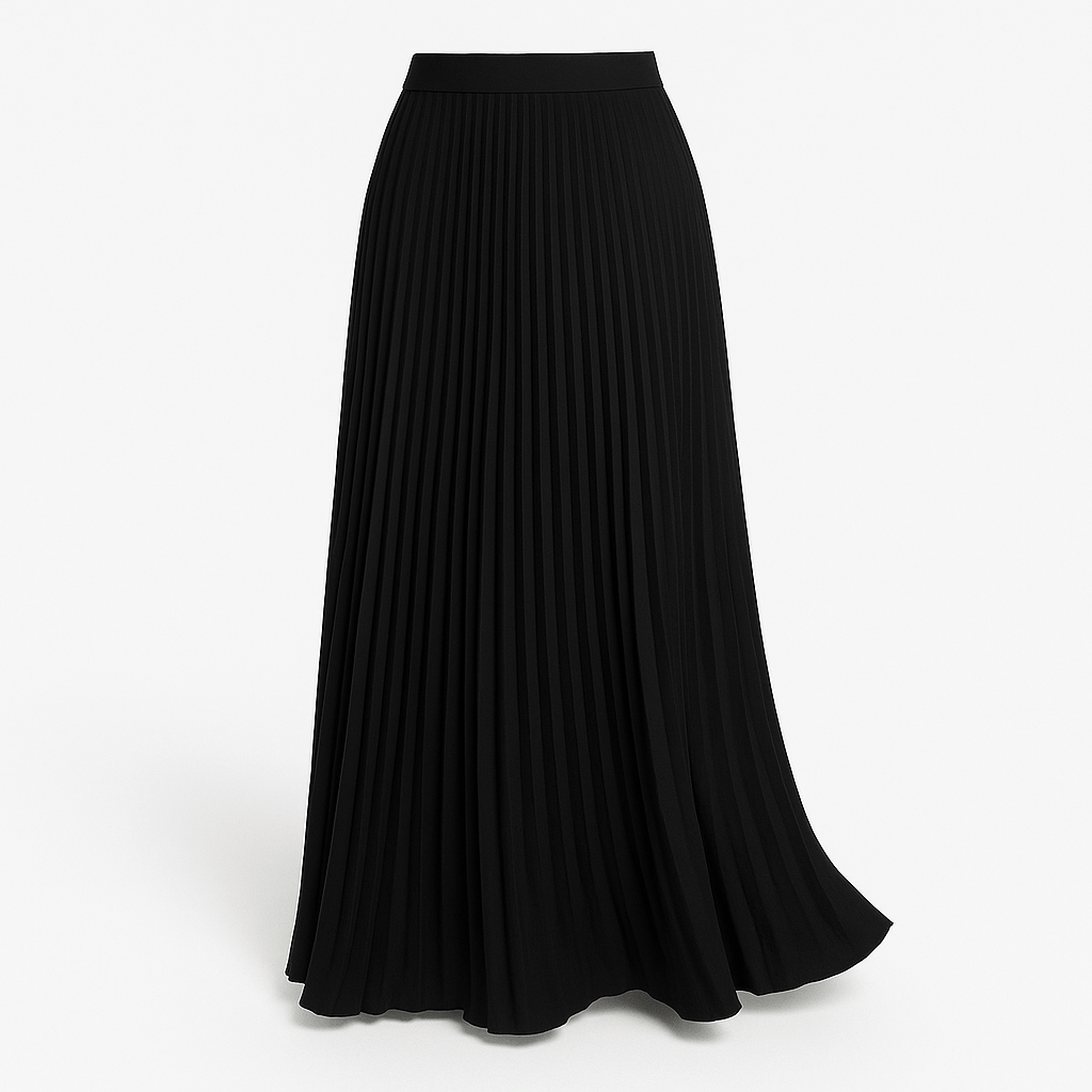Black pleated maxi skirt with elastic waistband and flowing A-line silhouette