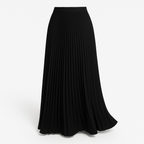 Black pleated maxi skirt with elastic waistband and flowing A-line silhouette