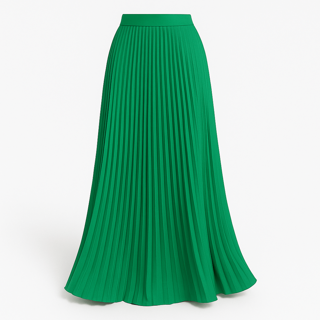 Green pleated maxi skirt with elastic waistband and flowing A-line silhouette