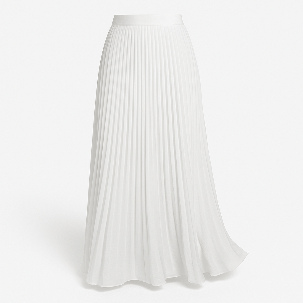White pleated maxi skirt with elastic waistband and flowing A-line silhouette