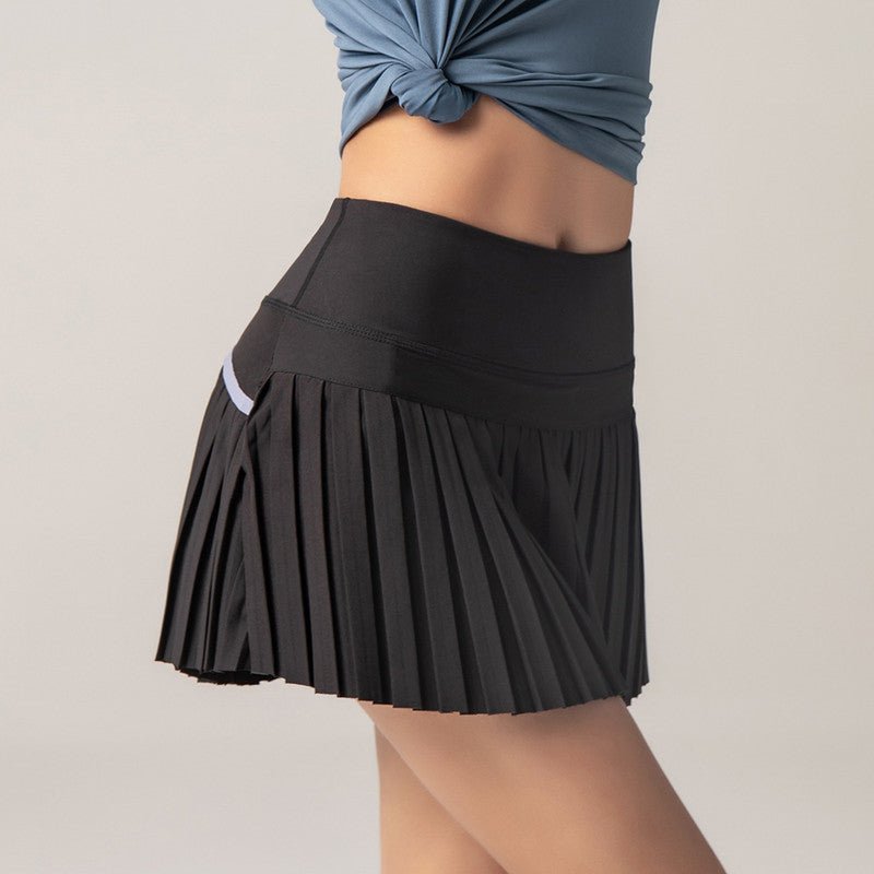 Black tennis skirt with pleated A-line hem and elastic waistband
