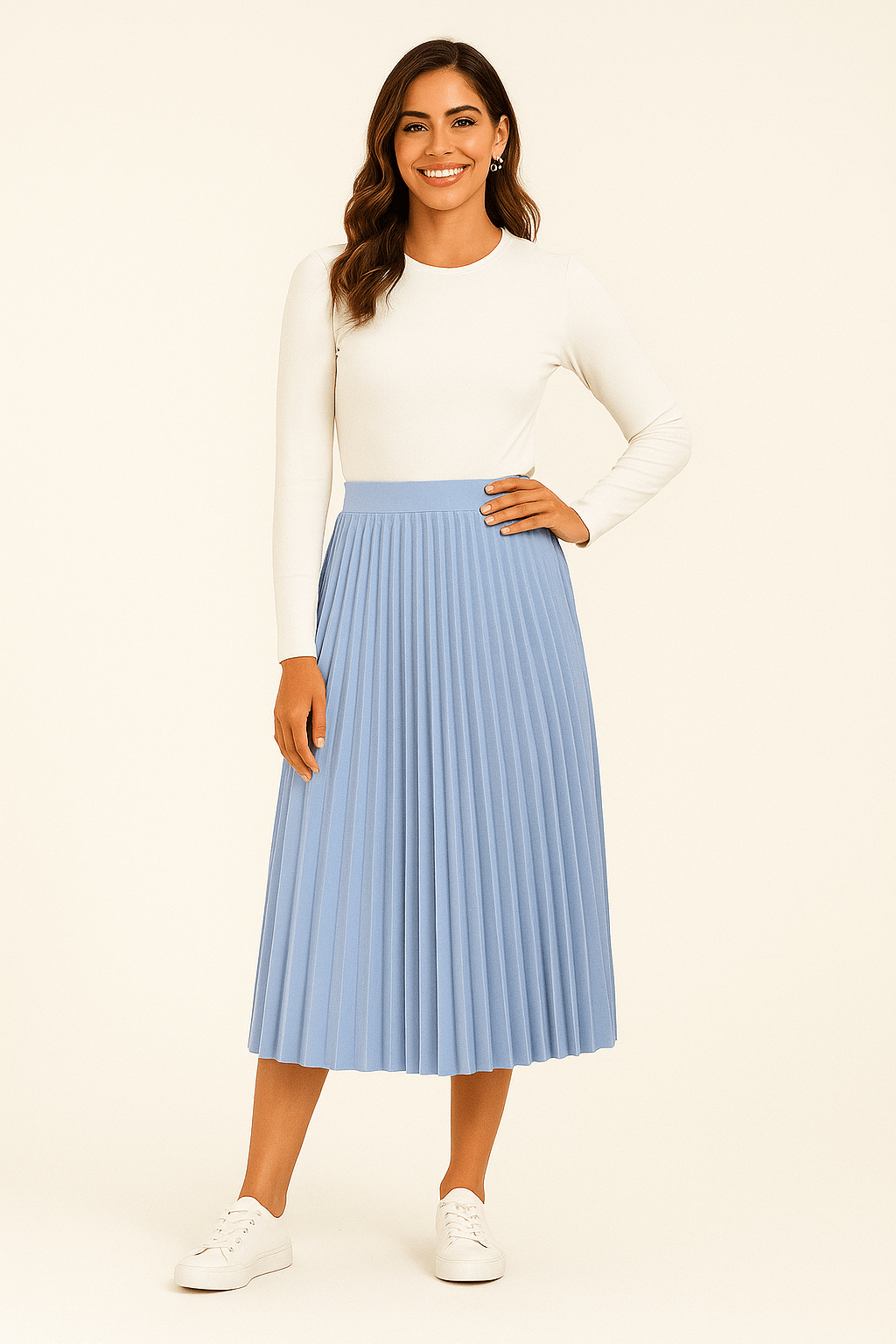 Blue pleated midi skirt with vertical pleats and elastic waistband