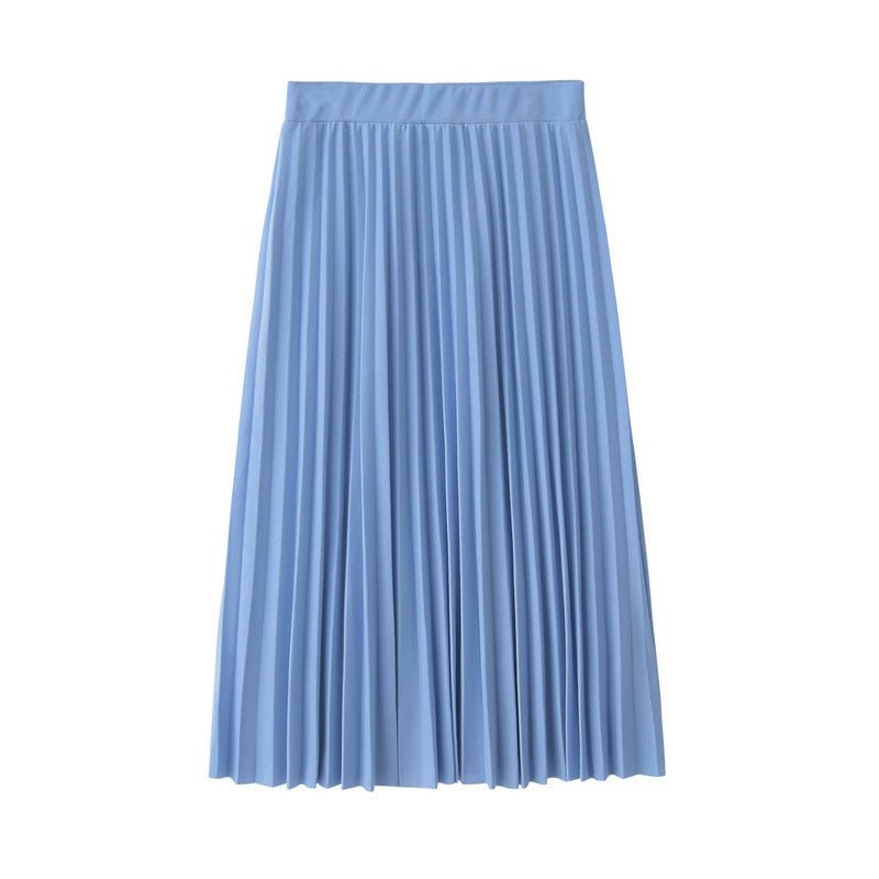 Blue pleated midi skirt with vertical pleats and elastic waistband