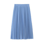 Blue pleated midi skirt with vertical pleats and elastic waistband