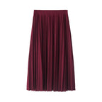 Burgundy pleated midi skirt with vertical pleats and elastic waistband