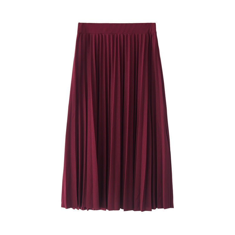 Burgundy pleated midi skirt with vertical pleats and elastic waistband