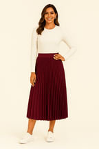 Burgundy pleated midi skirt with vertical pleats and elastic waistband