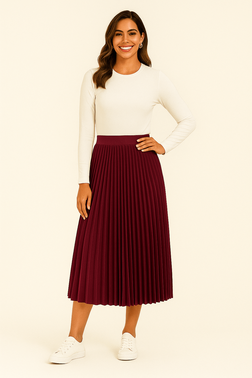 Burgundy pleated midi skirt with vertical pleats and elastic waistband