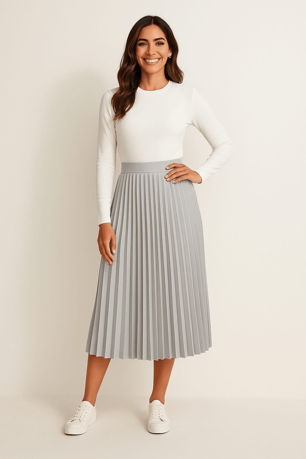 Gray pleated midi skirt with vertical pleats and elastic waistband