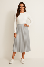 Gray pleated midi skirt with vertical pleats and elastic waistband